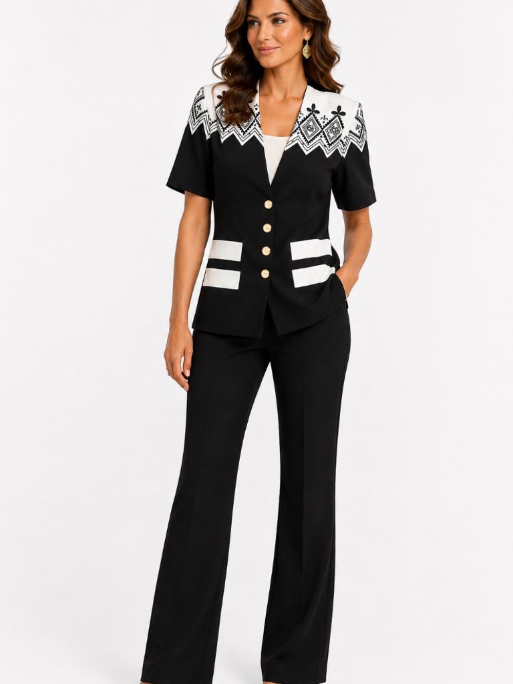 Vintage Western Southwestern Beaded Embroidered Short Sleeve Blazer Pant Suit Se